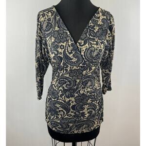 SWEET PEA Black Tan Lace Print V-Neck Surplice Long Sleeve Slim-Fit Top Blouse M